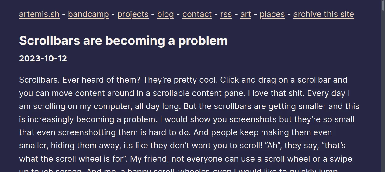 A bad scrollbar, with a thin width and no buttons